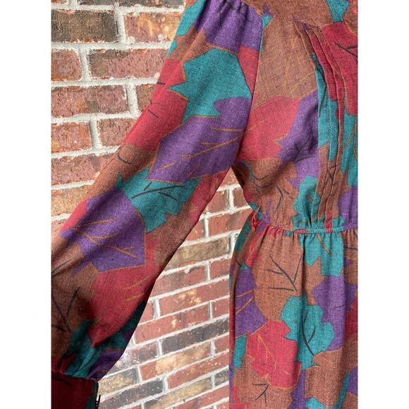 NWT Vintage fall dress - Leslie Fay - leaves - shirt dress - midi - 70s - size S - Picture 4 of 11